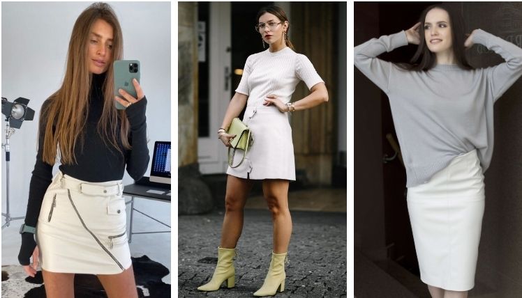 белая кожаная юбка с чем носить